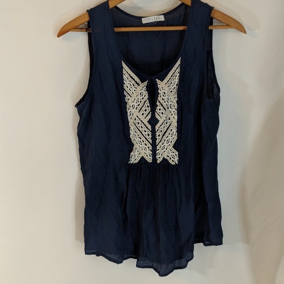 Spense Tops - Boho Smock Top with White Lace Applique Work sz M Spense Tops - Boho Smock Top with White Lace Applique Work sz M
